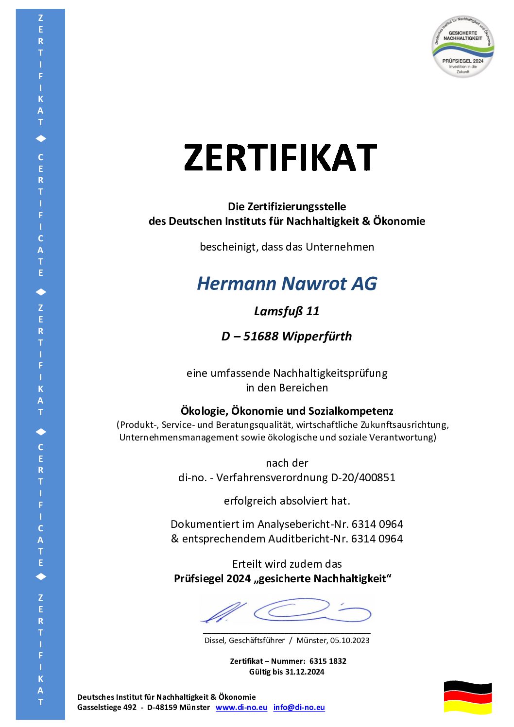 Nachhaltigkeitszertifikat der Hermann Nawrot AG aus dem Jahr 2024