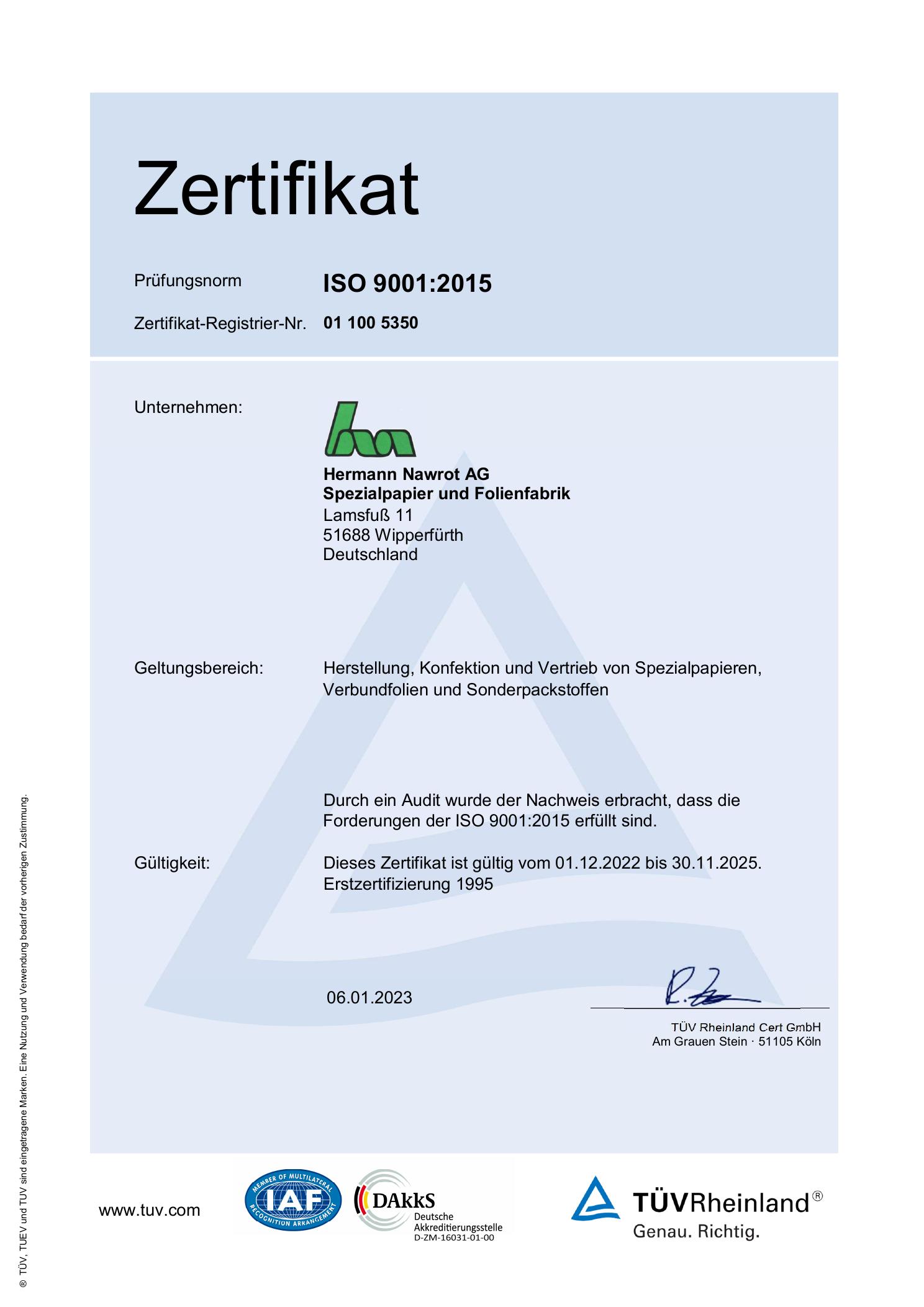 ISO-9001-Zertifikat der Hermann Nawrot AG für den Zeitraum 2022 bis 2025